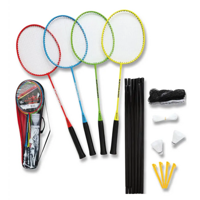 Badmintonset 8tlg. - Schläger Bälle Netz mit Pfosten und Tasche für den In - und Outdoorbereich - Sport - Knight - Volleyball - AT,