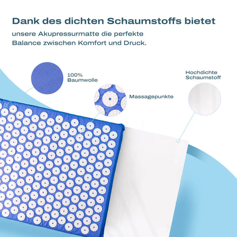 Blaue hochwertige Akupressur-Matte mit weißen Massagepunkten für gezielte Schmerzlinderung