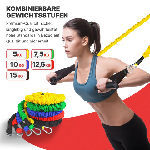 Resistanzband-Set mit kombinierbaren Gewichtsstufen, extra hohe Trainingsbänder, hochwertige Qualität