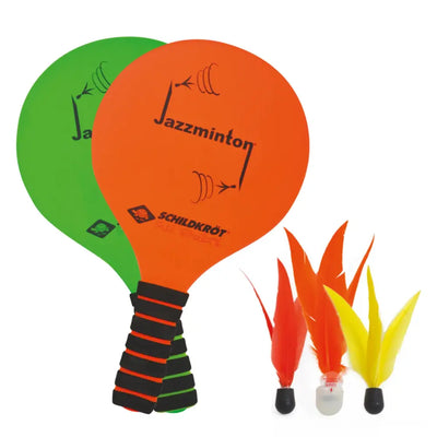 Jazzminton - Beachball - Set Premium 5tlg. - 2 Schläger 3 Birdies (Federbälle) LED - Licht mit Batterie Rebound Effekt - Sport - Knight