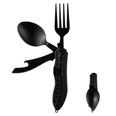 Black multifunktionales 4-in-1 campingbesteck vereint, robust, faltbar und tragbar