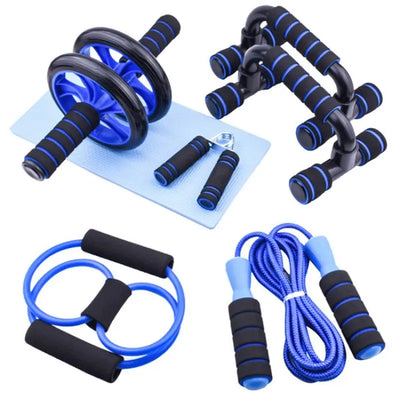 Blue und schwarze Fitness-Set mit Bauchroller, Liegestützgriffen, Springseil für Zuhause