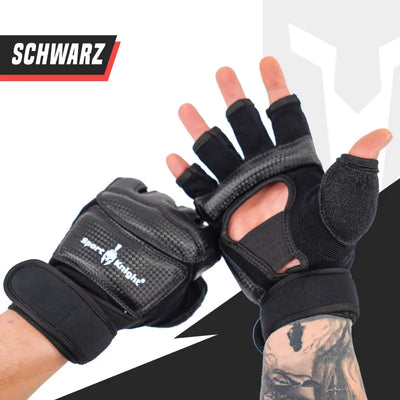 Black fingerlose Gewichtheberhandschuhe für MMA mit verstellbarem Klettverschluss und hochelastischem Handflächenband