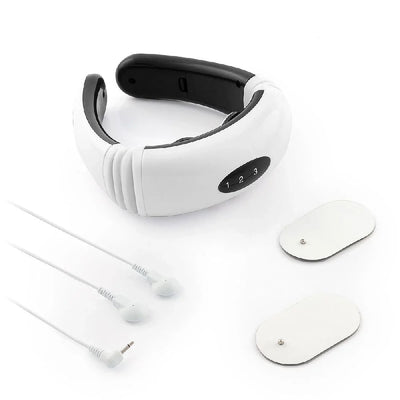 Weißes und schwarzes elektrisches Nackenmassagegerät mit Elektrode, remote und EMS-Pulstechnologie