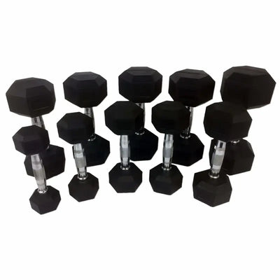 Set aus schwarzen gummierten Hexa-Hanteln mit ergonomischer Griffform und geräuscharmem Absetzen
