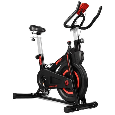 Black and red stationärer Heimtrainer mit integriertem Display und zusätzlicher Handyhalterung