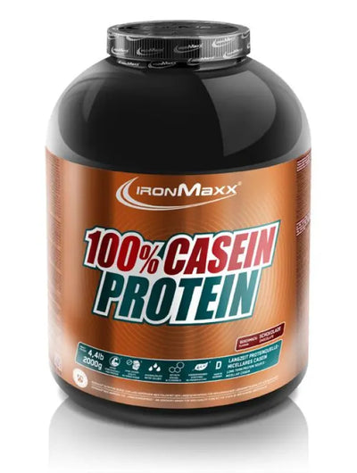Braune und schwarze Proteinpulverdose IronMaxx 100% Casein Protein für micellares Casein