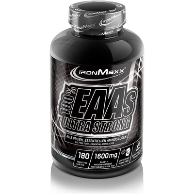 Schwarze Flasche IronMaxx 100% EAAs Ultra Strong mit essentielle amino säuren, tablette einnehmbar