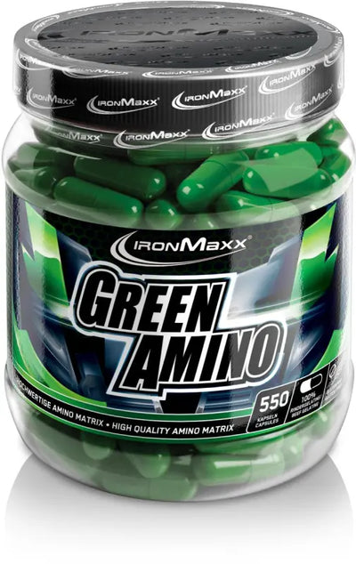 Jar of IronMaxx Green Amino mit enzymatisch vorgespalten leistungsstarkem Eiweißhydrolysat