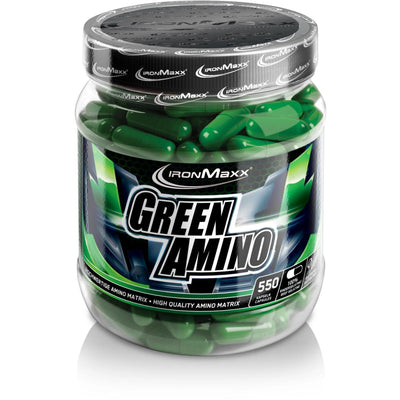 Jar of IronMaxx Green Amino mit enzymatisch vorgespalten leistungsstarkem Eiweißhydrolysat