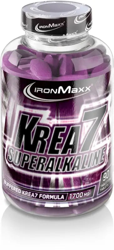 Flasche mit Krea7 Superalkaline Tabletten von IronMaxx, enthält Tri-Creatin Malat und Creatin Phosphat