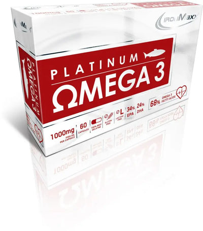 Box mit IronMaxx Platinum Omega 3 Kapseln, enthält wertvolles EPA und Omega 3 Fettsäuren
