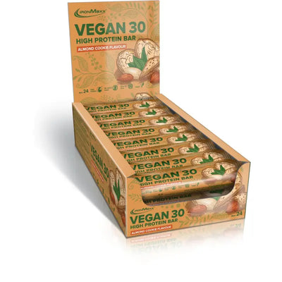 Box mit IronMaxx Vegan 30 High Protein Bars, sojafrei perfekter snack mit geschmack und hohem Proteingehalt