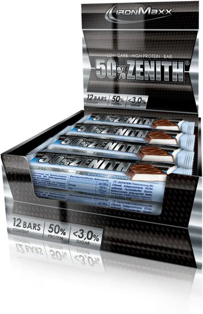 Box mit IronMaxx Zenith 50 Eiweißriegel, low carb Ernährungsriegel, net carbs