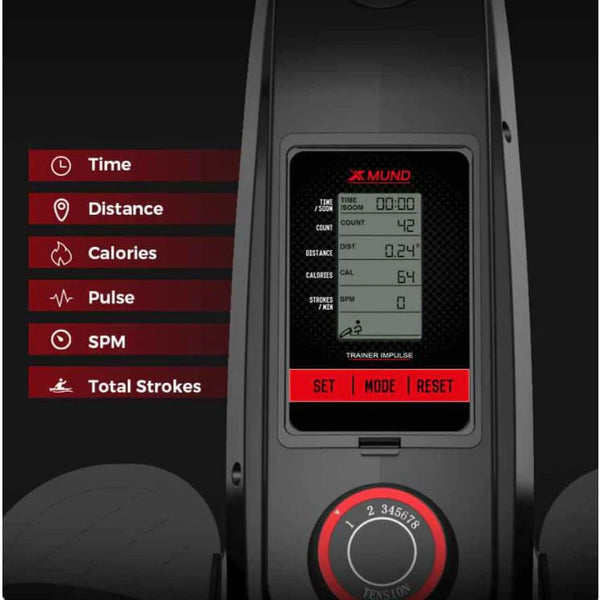 Bild des LCD-Displays an der klappbaren Designer Rudermaschine mit magnetischer 8-stufen Widerstandsregelung