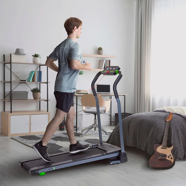 Graues und schwarzes Laufband eignet sich für kompaktes Lauftraining zuhause mit LED-Monitor