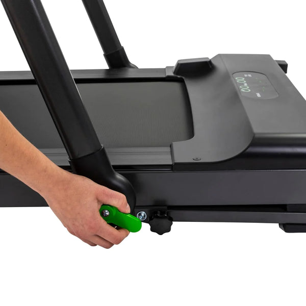 Foldable schwarzes Laufband mit LED-Monitor, verstellbare Haltestange und kompaktes Klappsystem