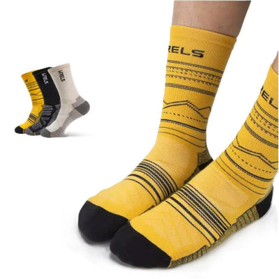Gelbe-schwarze gestreifte Socken mit Rels-Branding, rutschfeste Yoga-Socken