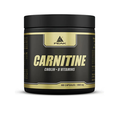 Schwarzer Behälter mit Peak Carnitin Kapseln, Vitamin B Komplex und Aminosäure L-Carnitin