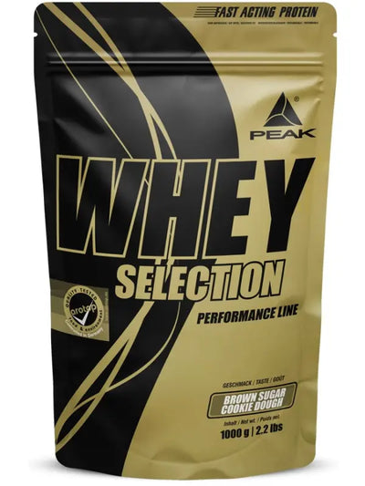 Peak Whey Selection deutsches whey protein in gold und schwarz mit soja Protein Isolat