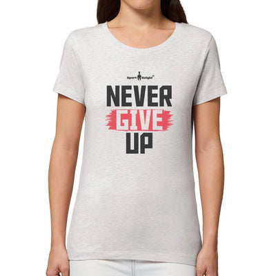 Weißes Damen Fitness T-Shirt von Sport-Knight® mit Never Give Up Schriftzug