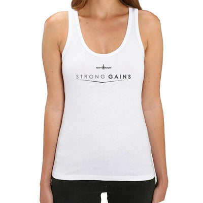 White damen fitness tanktop mit schriftzug strong gains in aussagekräftigen farben schwarz