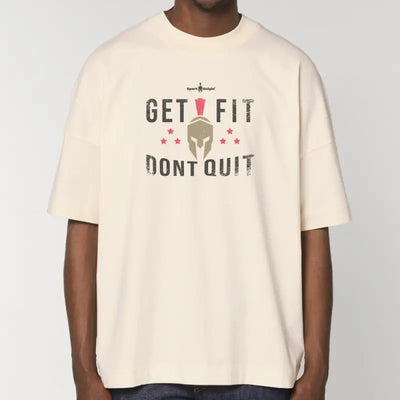 Beige oversize T-Shirt mit Schriftzug Get Fit und Sport-Knight® Logo, motivierend